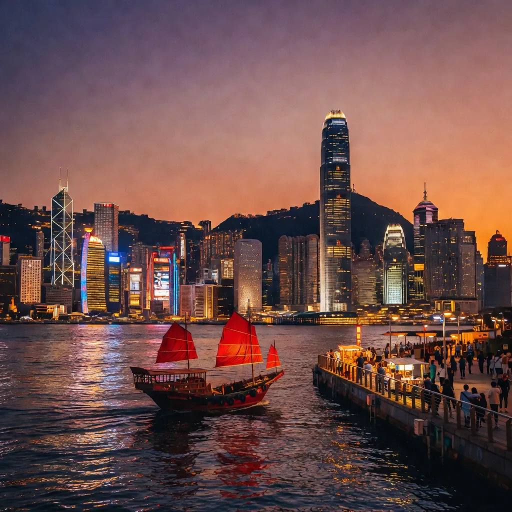 Panorama Hongkongu o zmierzchu z wieżowcami i tradycyjną łodzią z czerwonymi żaglami w porcie