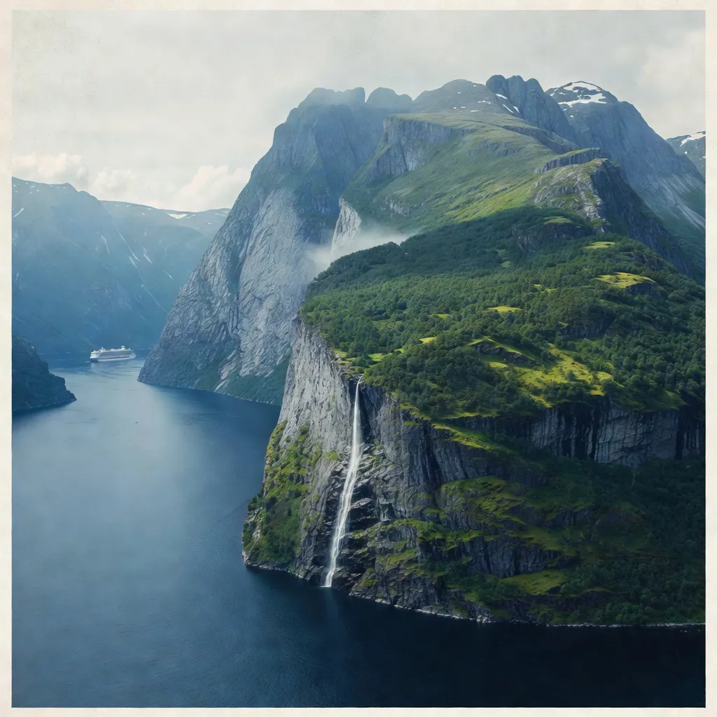 Statek wycieczkowy wpływający do wąskiego norweskiego fiordu otoczonego wysokimi klifami