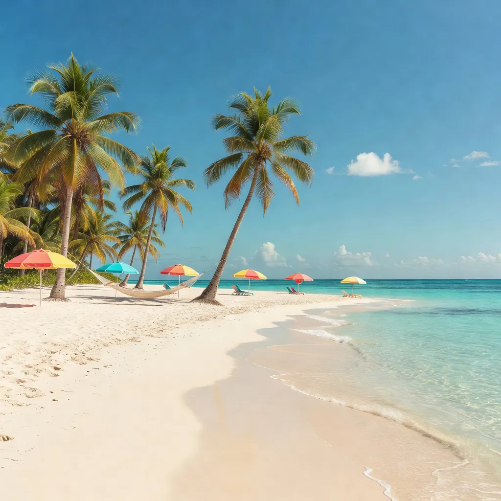 Karaibska plaża z białym piaskiem, palmami i turkusową wodą
