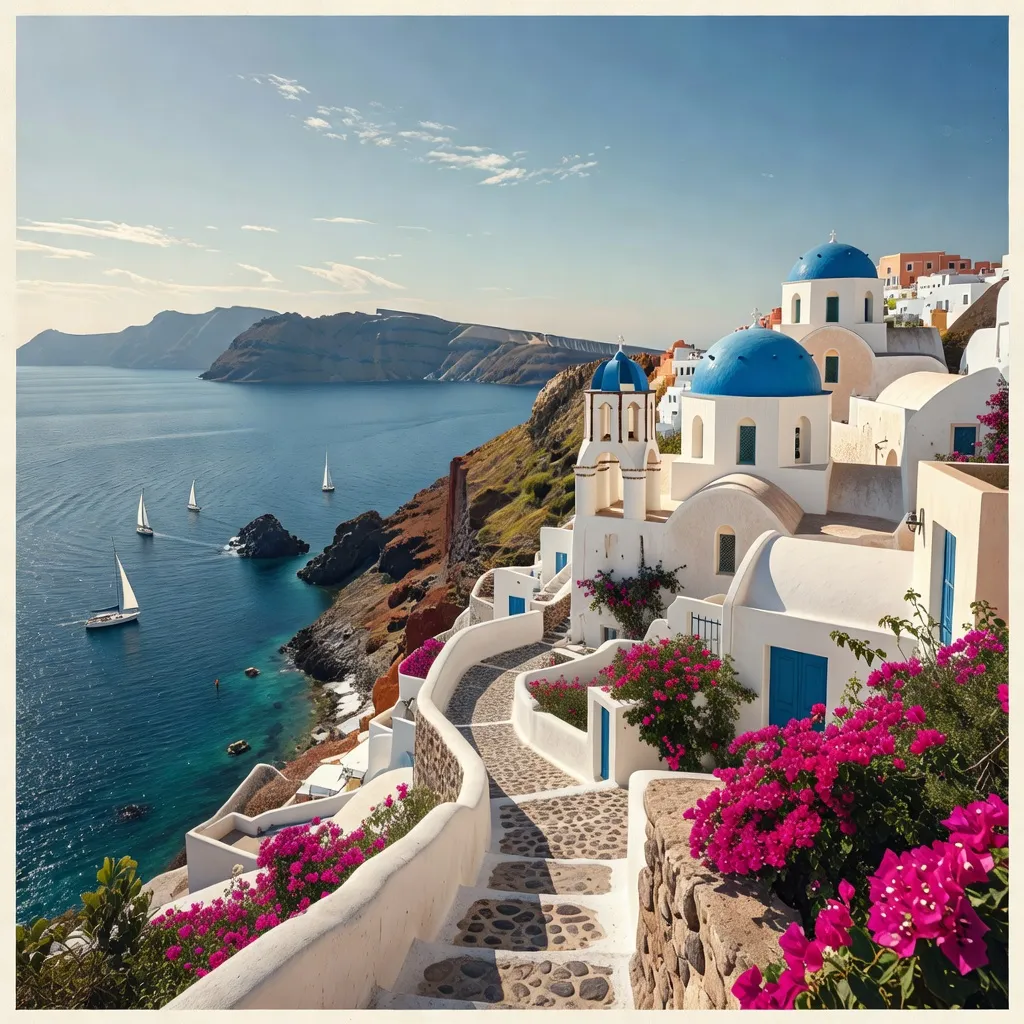 Białe domy i niebieskie kopuły na klifie Santorini z widokiem na Morze Egejskie