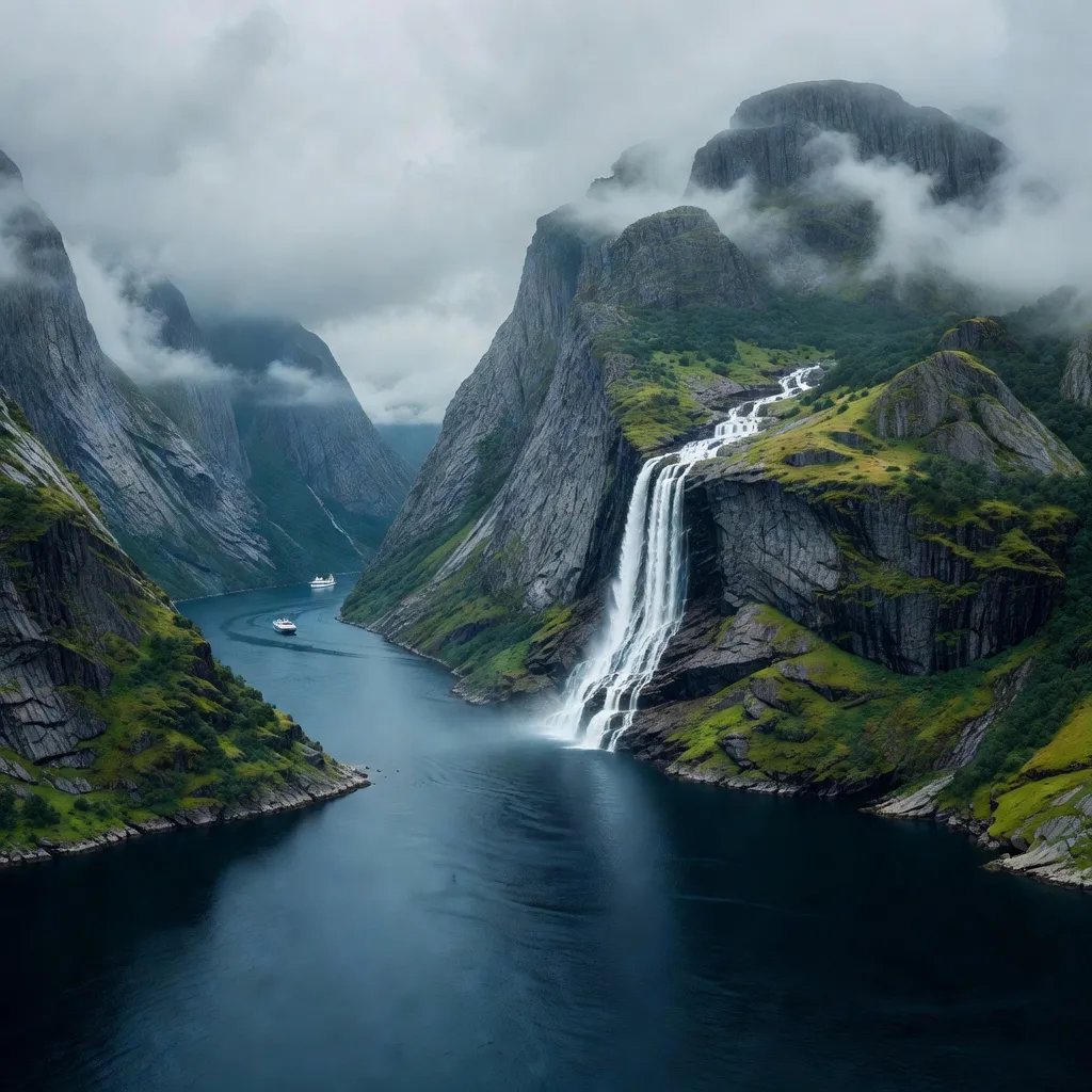 Norweski fiord z wysokimi klifami i wodospadem