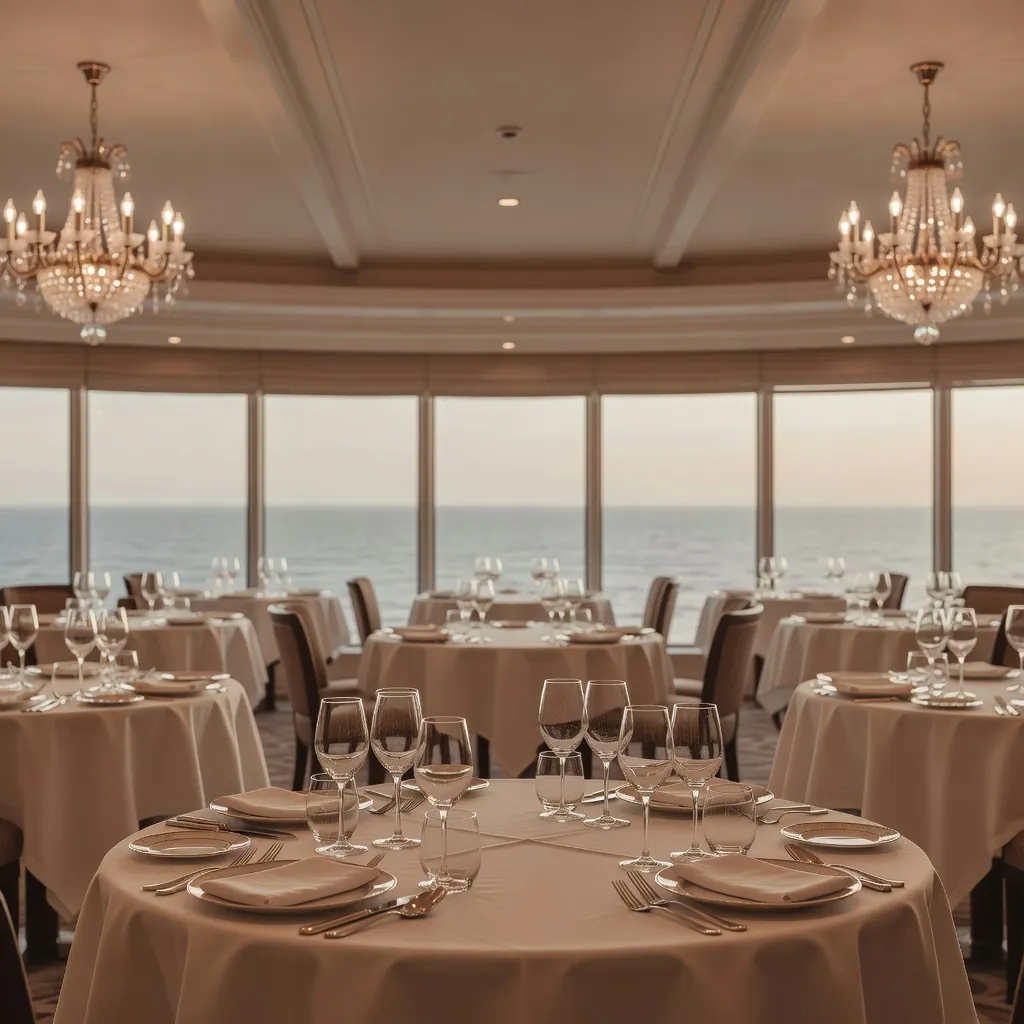Elegancka restauracja główna na statku wycieczkowym z białymi obrusami i widokiem na morze