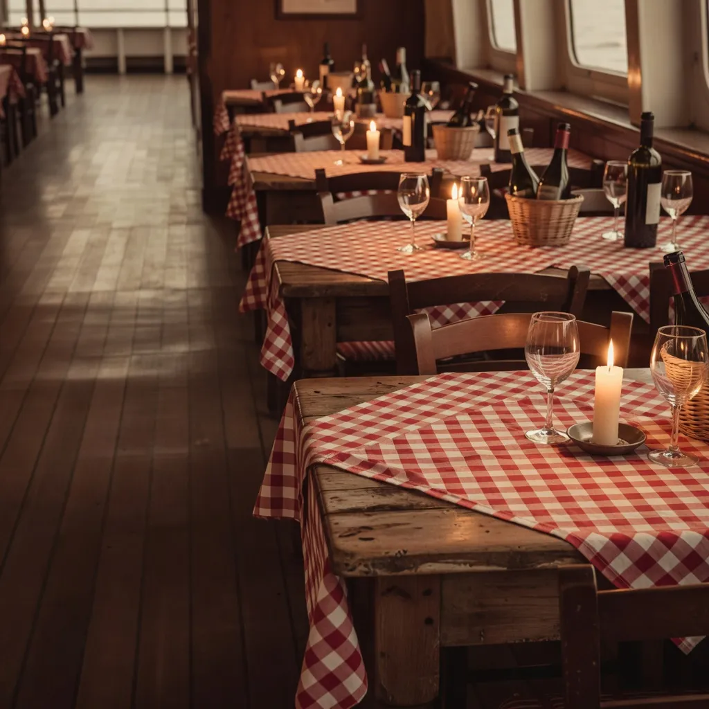Przytulna włoska trattoria na statku z rustykalnymi stołami i świecami