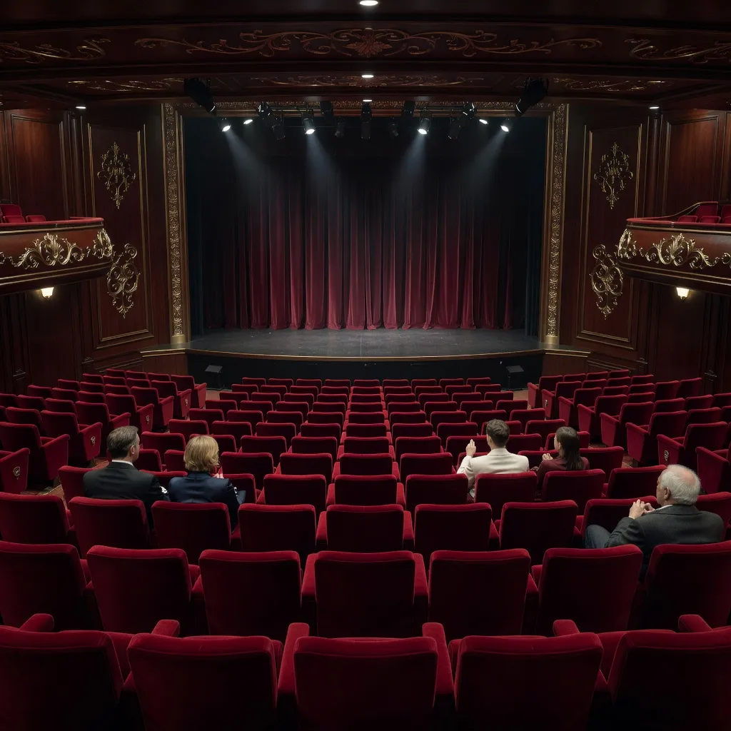 Eleganckie wnętrze teatru na statku wycieczkowym z rzędami czerwonych foteli i sceną